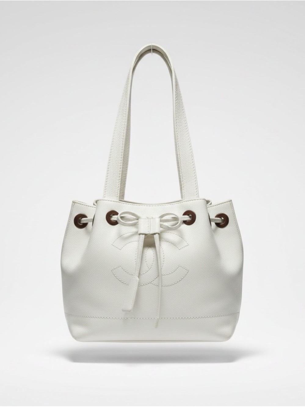 CHANEL Vintage White Caviar Leather CC Drawstring Tote Shoulder Bag 9.5”